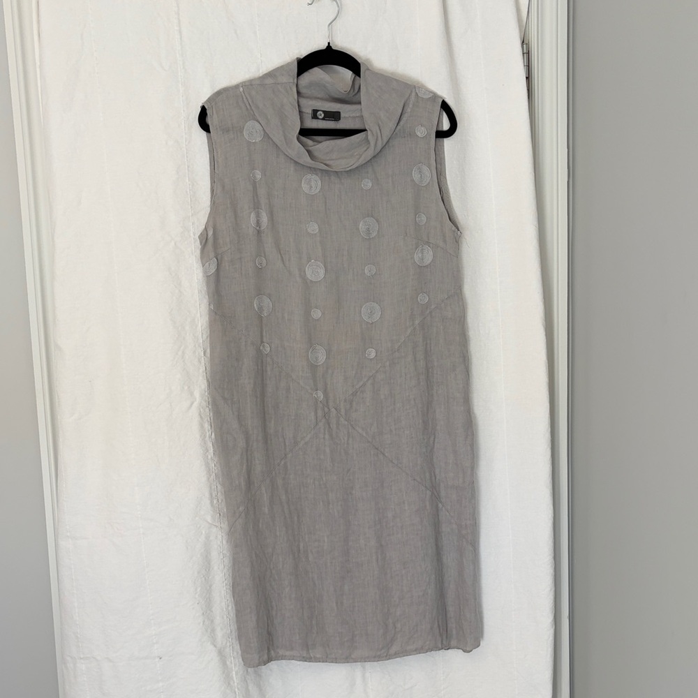Sleeveless Light Gray Linen Midi Dress with Embroidered Dot Detail - Picture 1 of 3